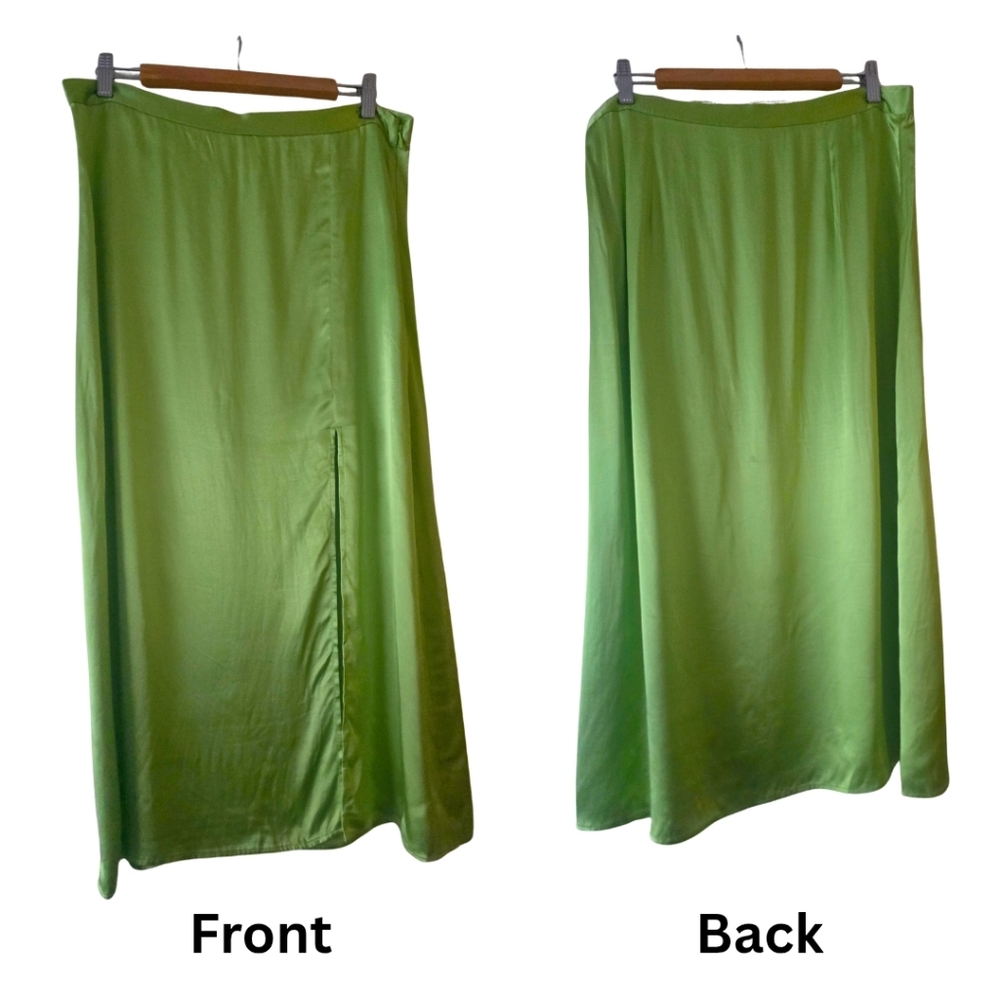 NWOT - H&M Lime Green Satin Midi Skirt With Front Slit (Size 12 - Large)